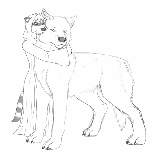 ambiguous_gender anthro claws clothed clothing duo eye_contact feral hug looking_at_another nude one_eye_closed robe simple_background size_difference smile stripes white_background wink zoophilic canid canine canis mammal procyonid raccoon wolf 2014 monochrome sketch