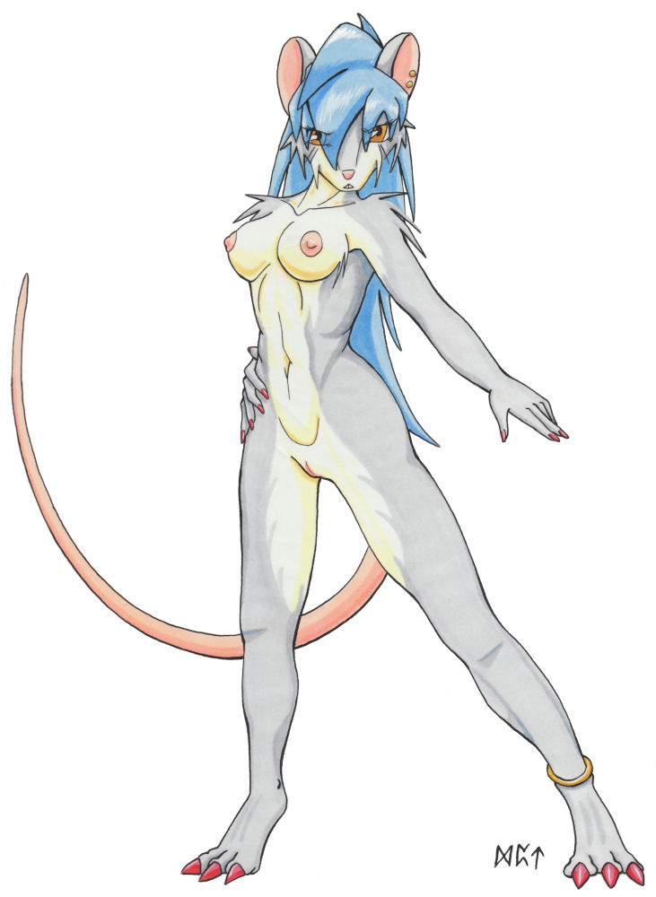 anthro biped breasts claws ear_piercing female genitals hair looking_at_viewer navel nipples nude piercing pussy solo standing ratofblades crystal_starr mammal murid murine rat rodent