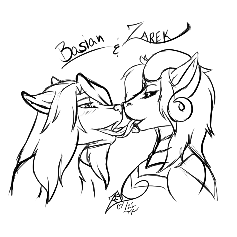 ambiguous_gender anthro blush blush_lines duo french_kissing horn kissing bluhellwulf mythology basian zarek_(bluhellwulf) canid canine dragon mammal mythological_creature mythological_scalie scalie 1:1 monochrome sketch