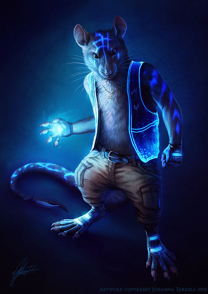 anthro belt biped bottomwear cargo_pants claws clothed clothing fingerless_gloves front_view fur gloves glowing handwear jewelry knife looking_at_viewer male markings necklace open_clothing open_shirt open_topwear pants pendant shirt simple_background solo standing toe_claws tools topwear tron_lines vest whiskers wrench johis mammal mouse murid murine rat rodent 2015 blue_theme full-length_portrait portrait