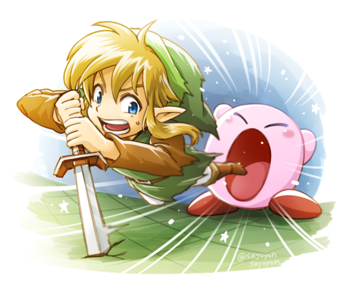 blonde_hair clothing duo footwear hair humanoid_pointy_ears light_body light_skin male melee_weapon not_furry open_mouth pointy_ears sword weapon sayoyon a_link_between_worlds kirby_(series) nintendo the_legend_of_zelda kirby link alien elf humanoid hylian waddling_head crossover signature