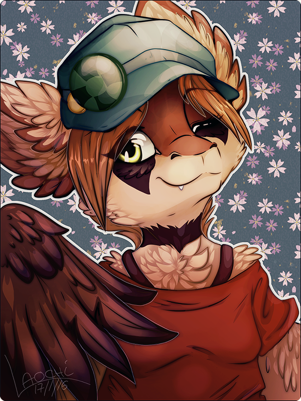 anthro bangs big_ears blonde_hair border clothed clothing feathered_wings feathers green_eyes hair hat headgear headwear pattern_background simple_background solo white_border wings yellow_eyes laochi avian featherscale_(species) 2016 3:4 bust_portrait portrait signature