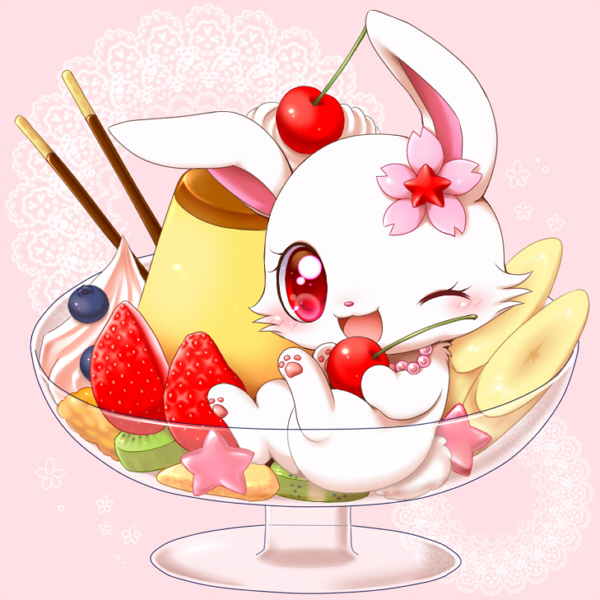 blueberry_(fruit) blush bowl cherry cherry_blossom container eyelashes female feral flower food frosting fruit fur gem jewelry necklace one_eye_closed open_mouth pawpads pink_background plant prunus_(flower) red_eyes simple_background solo star strawberry white_body white_fur wink aimia492 jewelpet pocky sanrio sega sega_fave ruby_(jewelpet) hare japanese_hare lagomorph leporid mammal 1:1