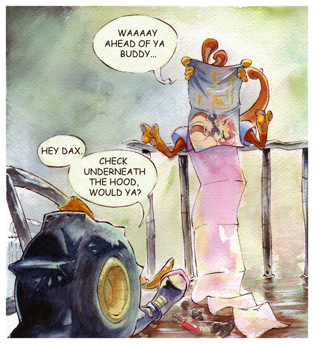 car dabean feet garage_(building) humor magazine male pawpads paws spread_toes tail_twist text toes tools vehicle jak_and_daxter naughty_dog sony_corporation sony_interactive_entertainment daxter jak_(jak_and_daxter) mammal mustelid ottsel english_text painting_(artwork) traditional_media_(artwork) watercolor_(artwork)