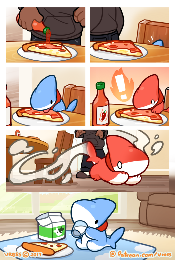 ambiguous_gender blue_body blue_skin chair collar domestic_pet dot_eyes drinking duo exclamation_point feral fin food furniture inside licking milk panicking pizza quadruped red_body red_skin running sauce shocked simple_eyes sitting solo_focus table tail tail_fin tongue tongue_out vress_(artist) vress_(character) fish human mammal marine shark shark_puppy 2017 comic