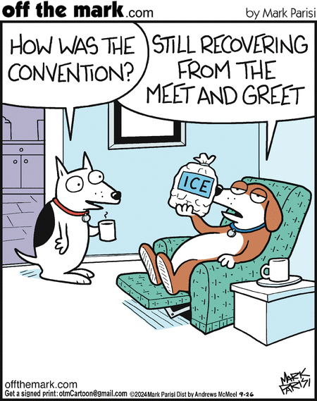 ambiguous_gender anthro dialogue duo humor icepack sitting standing text mark_parisi off_the_mark canid canine canis domestic_dog mammal 2024 comic english_text