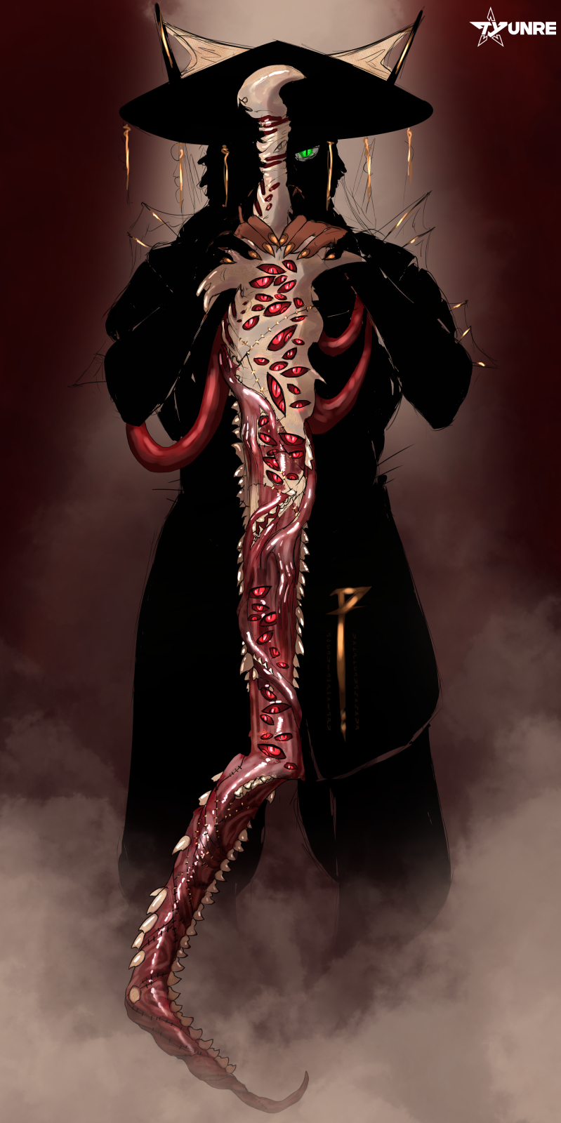 ambiguous_gender anthro body_horror clothing fangs flesh gold_(metal) green_eyes hat headgear headwear melee_weapon red_eyes solo sword teeth tube weapon tyunre hi_res