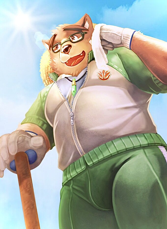 anthro bottomwear brown_body clothing hat headgear headwear humanoid_hands kemono male musclegut muscular outside pants shirt solo straw_hat sun topwear kemokemumaki kemumaki lifewonders tokyo_afterschool_summoners volos_(tas) bear mammal 2022