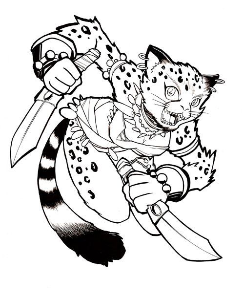 action_pose anthro breasts cleavage clothed clothing dagger dual_wielding female holding_object holding_weapon melee_weapon pose simple_background skimpy solo tail tribal weapon white_background akutousuki hasbro magic:_the_gathering wizards_of_the_coast wild_nacatl felid mammal nacatl black_and_white monochrome