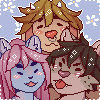 anthro blue_body female group hair male pink_hair simple_background tongue tongue_out sesamiie vausep arkin roche rolsie bovid bovine canid canine canis cattle felid hybrid mammal wolf 1:1 low_res thumbnail