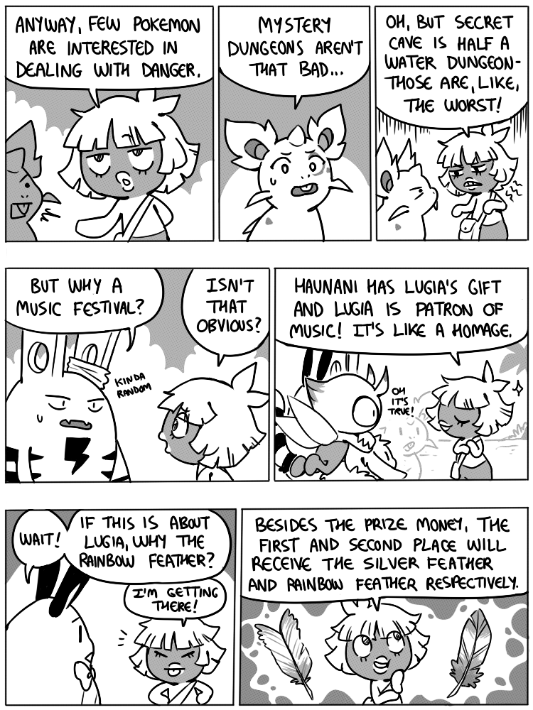 7_panel_comic ambiguous_gender antennae_(anatomy) anterior_nasal_aperture anthro bag biped black_eyes black_text bodily_fluids bow_ribbon clenched_teeth day dialogue ellipsis exclamation_point eyebrows eyes_closed feathers feral floating group hair horn lips looking_at_another open_mouth outside palm_tree plant quadruped question_mark sky speech_bubble sweat sweatdrop talking_to_another teeth text tongue tongue_out tree white_sclera wings flavia-elric nintendo pokemon pokemon_mystery_dungeon spike_chunsoft celebi_(yapc) lux_(yapc) noelle_(yapc) paris_(yapc) rayne_(yapc) terry_(yapc) celebi generation_1_pokemon generation_2_pokemon humanoid legendary_pokemon nidoran nidoran♀ pokemon_(species) sentret smoochum 2022 3:4 black_and_white comic digital_media_(artwork) english_text monochrome