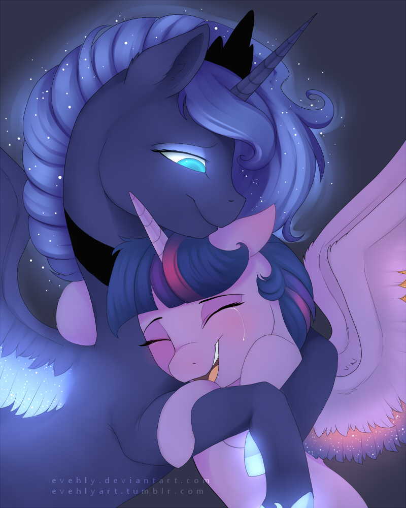 bodily_fluids duo feathered_wings feathers female feral horn hug smile starry_hair tears wings evehly friendship_is_magic hasbro my_little_pony mythology princess_luna_(mlp) twilight_sparkle_(mlp) equid equine mammal mythological_creature mythological_equine winged_unicorn 2016 4:5 digital_media_(artwork)