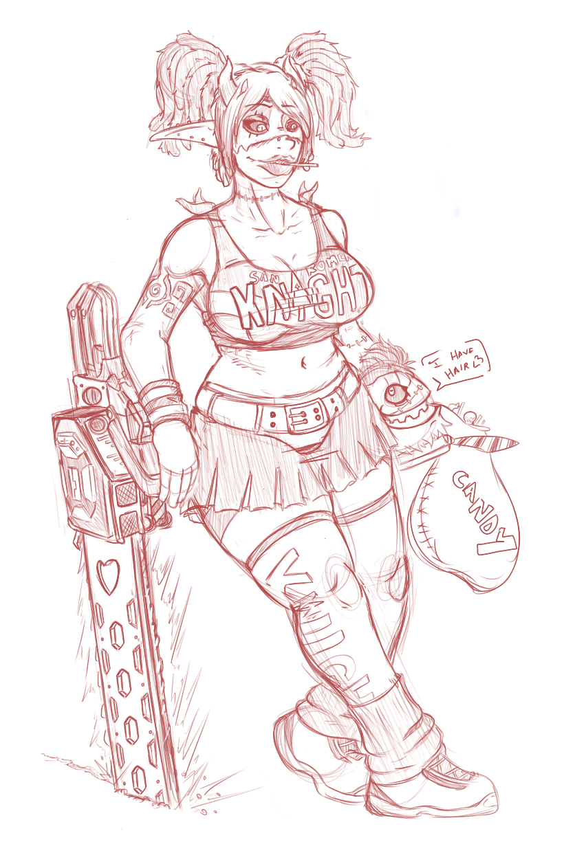 big_breasts breasts candy clothed clothing dessert duo female food gun hair lollipop not_furry ranged_weapon slightly_chubby smile weapon dannyg humanoid monster orc hi_res red_theme sketch