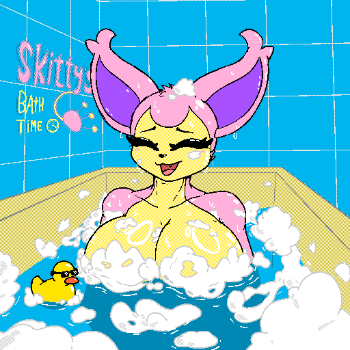 anthro bathing bathroom bathtub big_breasts breasts detailed_background eyelashes female foam front_view fur huge_breasts pink_body pink_fur rubber_duck solo tan_body tan_fur water purrmystique nintendo pokemon felid feline generation_3_pokemon mammal pokemon_(species) skitty 1:1 digital_media_(artwork) pixel_(artwork)