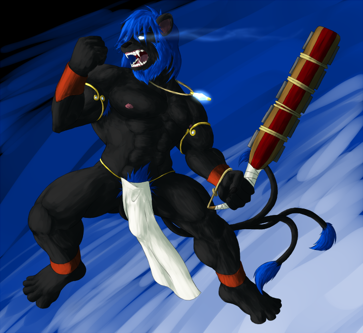 abs anthro armpit_hair beard biceps big_penis black_body black_fur black_nose blue_eyes blue_hair body_hair bottomwear bulge clothing facial_hair fighting_pose fur genitals glowing glowing_eyes hair holding_melee_weapon holding_object holding_sword holding_weapon huge_penis loincloth male melee_weapon multi_tail muscular muscular_anthro muscular_male open_mouth penis pose pubes roaring solo sword tail teeth weapon onyxtanuki_(artist) lunasius_(character) felid lion mammal pantherine 2012