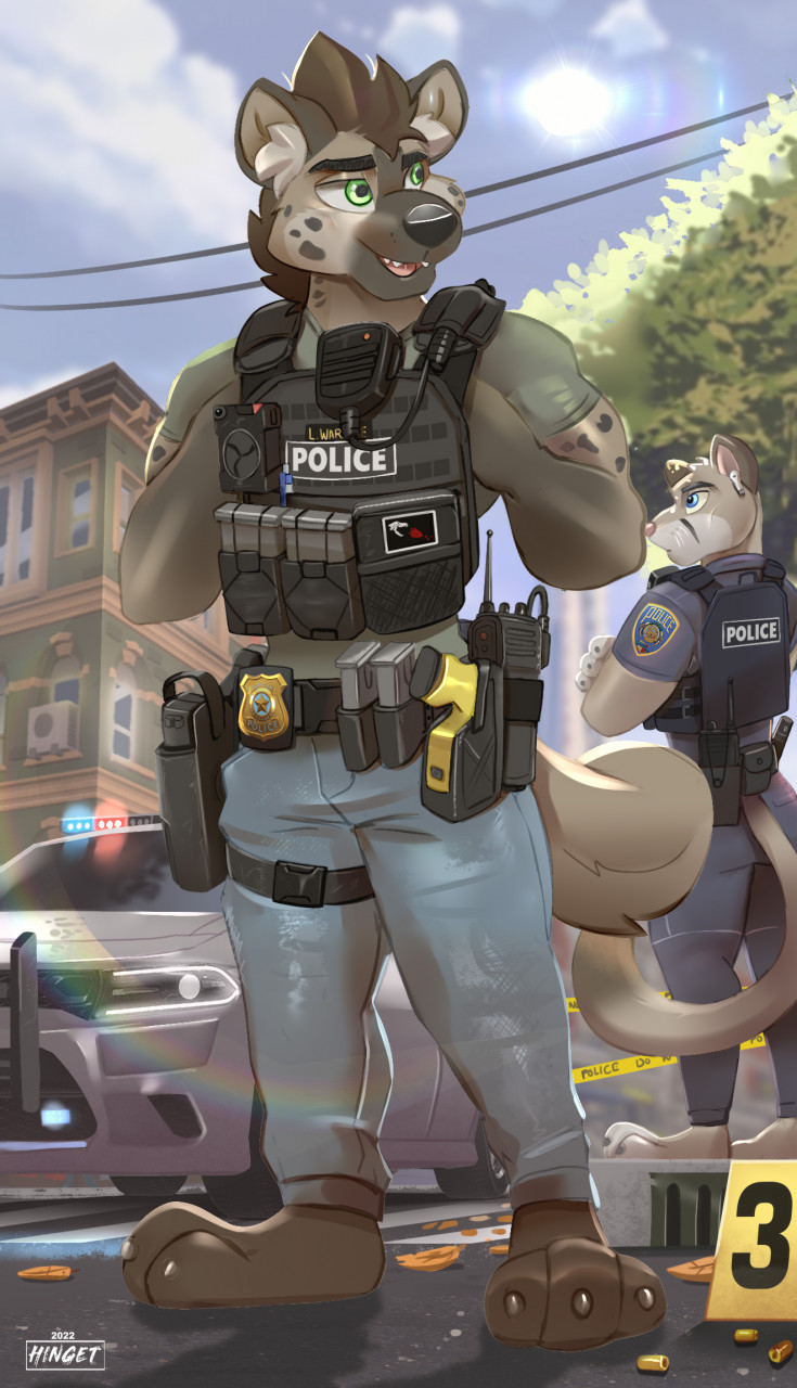 3_toes anthro barefoot bulletproof_vest car claws clothing crime_scene duo electroshock_weapon feet holstered_pistol law_enforcement male motor_vehicle paws plantigrade police police_car police_officer police_uniform police_vehicle tactical tactical_gear taser toes uniform vehicle weapon zpd hinget disney dodge_charger zootopia lou_waraabe_(grizzlygus) cougar felid feline hyena mammal spotted_hyena hi_res