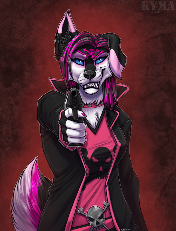 anthro blue_eyes blue_sclera chest_tuft clothing collar female fur gun hair handgun holding_gun holding_object holding_ranged_weapon holding_weapon looking_at_viewer pistol pupils ranged_weapon skull_and_crossbones slit_pupils sneer solo spolf tuft weapon kyma devanea canid canine mammal