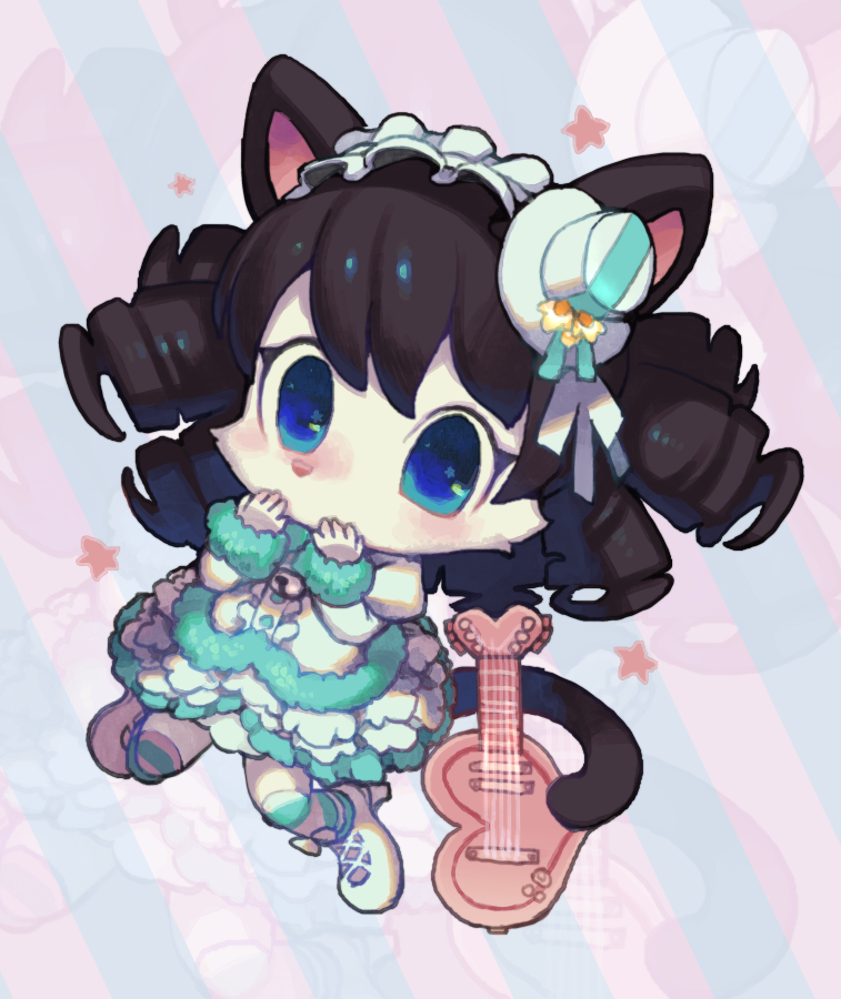 5_fingers alternative_fashion bell big_eyes black_hair blue_eyes blush clothing dress female fingers footwear fur guitar hair hat headgear headwear j-fashion legwear lolita_(fashion) musical_instrument pink_nose plucked_string_instrument simple_background solo stockings string_instrument white_body white_fur rikose sanrio show_by_rock!! cyan_hijirikawa domestic_cat felid feline felis mammal myumon