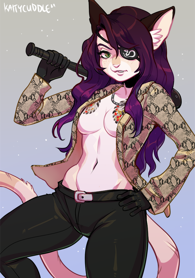 5_fingers anthro breasts clothed clothing eyebrows eyelashes female fingers green_eyes hair medium_breasts midriff navel open_clothing open_shirt open_topwear purple_hair shirt solo tattoo topwear weapon kaitycuddle goro_majima domestic_cat felid feline felis mammal 2021 digital_media_(artwork)