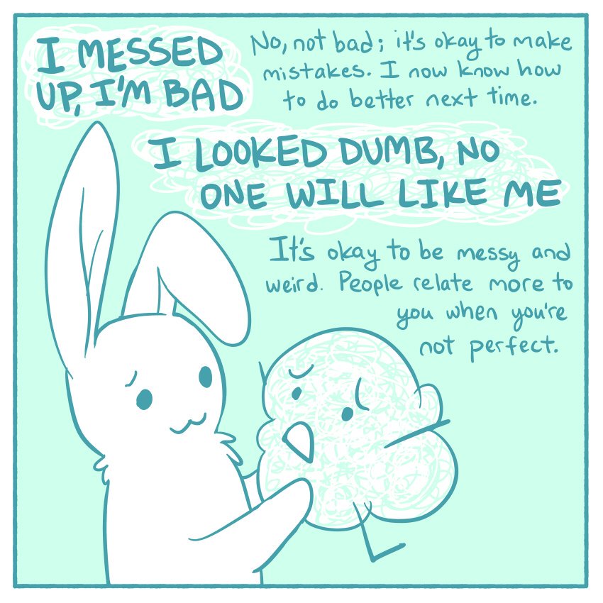 ambiguous_gender border duo male semi-anthro text thought_bubble white_border the_latest_kate animate_inanimate lagomorph leporid mammal rabbit 1:1 blue_and_white comic english_text monochrome