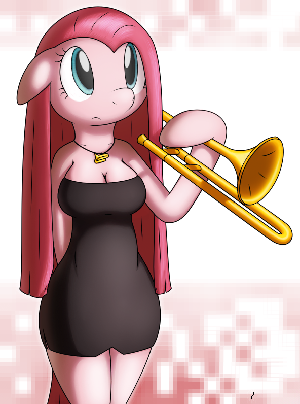 anthro anthrofied big_breasts blue_eyes brass_instrument breasts cleavage clothed clothing dress female hair holding_musical_instrument holding_object long_hair musical_instrument pink_hair solo straight_hair trombone wind_instrument tg-0 friendship_is_magic hasbro my_little_pony pinkamena_(mlp) pinkie_pie_(mlp) earth_pony equid equine horse mammal pony