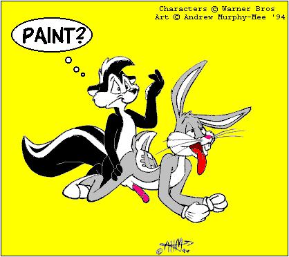 anal anthro anthro_on_anthro duo erection genitals male male/male male_penetrated male_penetrating male_penetrating_male paint penetration penis question_mark sex tail text tongue toony vintage andrew_murphy-mee looney_tunes warner_brothers bugs_bunny pepe_le_pew lagomorph leporid mammal mephitid rabbit skunk striped_skunk 1994 english_text low_res