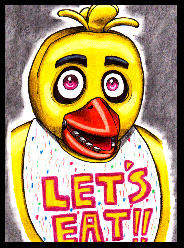 anthro beak bib black_border black_eyebrows border eyebrows female female_anthro grey_background light looking_at_viewer machine orange_beak pink_eyes simple_background solo teeth text text_on_bib thick_eyebrows toothed_beak yellow_body tehcreechibi five_nights_at_freddy's scottgames chica_(fnaf) classic_chica_(fnaf) animatronic avian bird chicken galliform gallus_(genus) phasianid robot 2014 bust_portrait colored english_description english_text lighting marker_(artwork) portrait shaded traditional_media_(artwork)