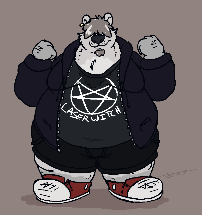 anthro belly clothed clothing ear_piercing facial_hair fur goatee hoodie logo male moobs obese obese_anthro obese_male occult_symbol overweight overweight_anthro overweight_male pentacle piercing smile solo standing symbol text thick_thighs topwear white_body white_fur wide_hips kikatsu patrick_o'toole bear mammal polar_bear ursine