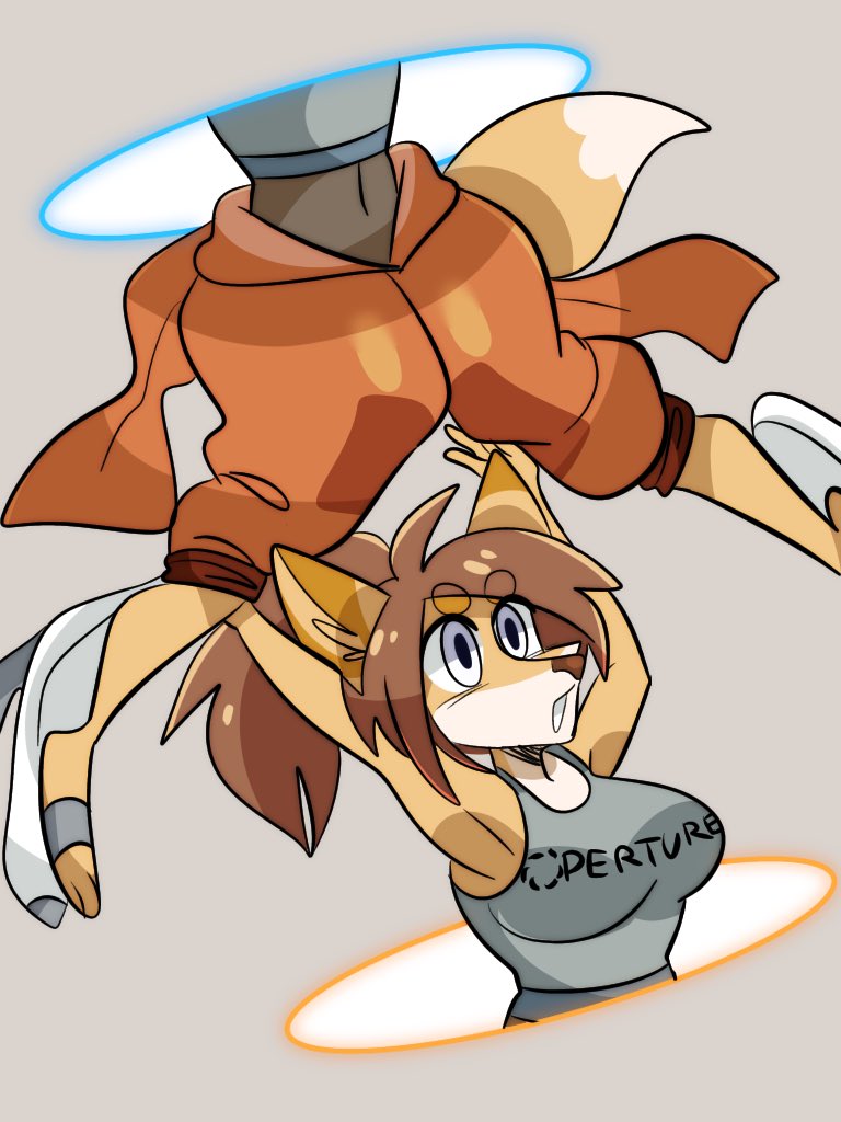 anthro aperture_logo arms_above_head big_breasts blue_eyes breasts brown_hair clothing curvy_figure falling female flustered fur hair hands_above_head long_fall_boots multicolored_body multicolored_fur navel open_mouth orange_jumpsuit ponytail portal raised_arms shirt shocked simple_background smile solo surprised_expression tan_body tan_fur tank_top text text_on_clothing thick_thighs thinking_with_portals topwear two_tone_body two_tone_fur voluptuous wide_hips jammedvhs aperture aperture_science portal_(series) valve chell chell_(fursona) canid canine fennec_fox fox mammal true_fox 3:4 digital_media_(artwork) english_text