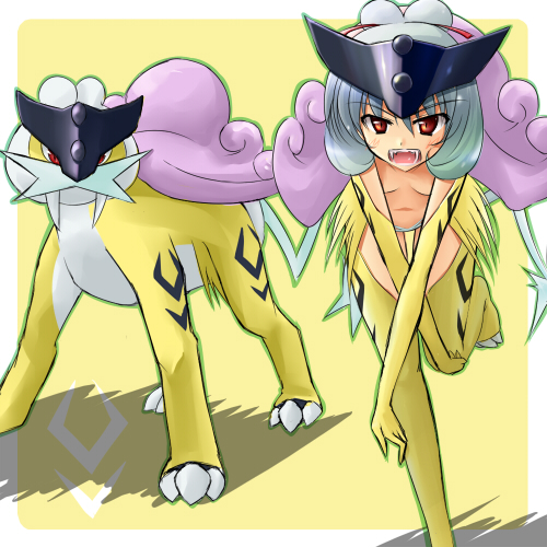 alternate_species ambiguous_gender blue_hair clothing cosplay costume duo fangs female feral hair humanized pokemon_costume red_eyes teeth ranphafranboise nintendo pokemon felid generation_2_pokemon human legendary_pokemon mammal pokemon_(species) raikou 1:1 2010 low_res