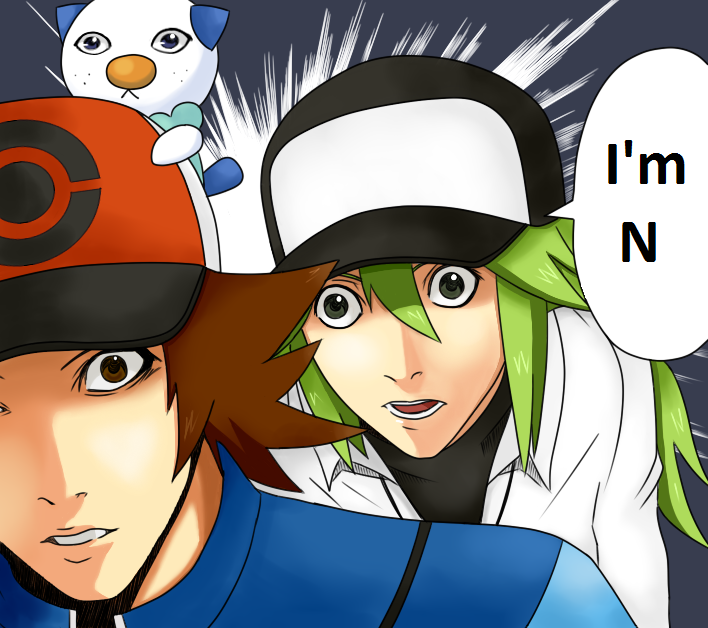 brown_eyes brown_hair clothing dialogue freckles green_eyes green_hair group hair hat headgear headwear human_focus male not_furry_focus parody text trainer wide_eyed r2125 third-party_edit death_note nintendo pokemon hilbert_(pokemon) l_(death_note) light_yagami n_(pokemon) generation_5_pokemon human mammal oshawott pokemon_(species) 2010 english_text redraw