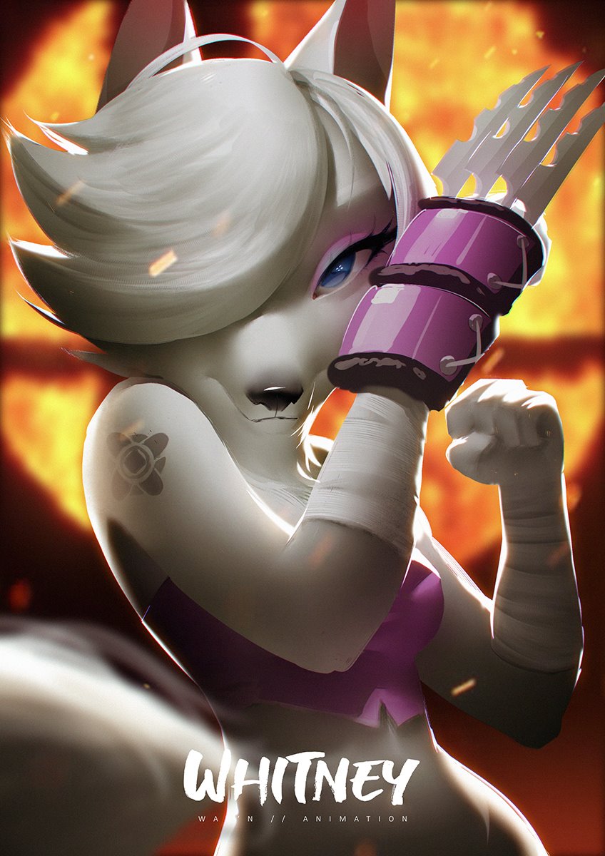 5_fingers anthro bandage blue_eyes breasts clothed clothing female fingers fist fur hair hair_over_eye holding_object holding_weapon looking_at_viewer melee_weapon one_eye_obstructed smile solo weapon white_body white_fur wayn_animation animal_crossing nintendo super_smash_bros. whitney_(animal_crossing) arctic_wolf canid canine canis mammal wolf 2019 adobe_photoshop_(artwork) digital_media_(artwork) hi_res