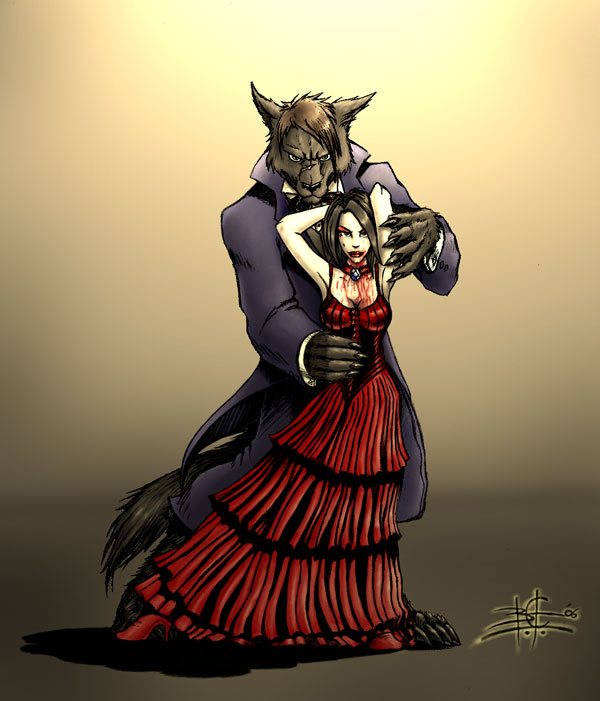 anthro ballroom blood bodily_fluids clothed clothing dress duo evening_gown female fully_clothed jewelry male suit tail 1behemoth1 mythology canid canine canis mammal mythological_canine mythological_creature undead vampire werecanid werecanine werecreature werewolf wolf