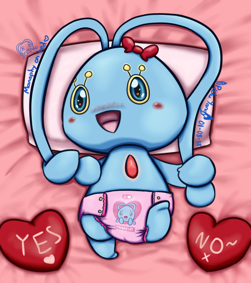 bed clothed clothing diaper female furniture pillow solo wearing_diaper pichuyang nintendo pokemon generation_4_pokemon humanoid legendary_pokemon manaphy pokemon_(species)