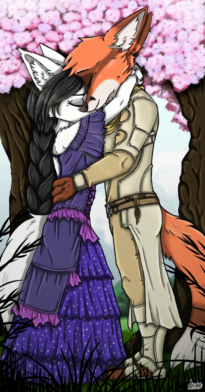 anthro black_hair brown_body brown_fur duo female fur hair hug male male/female orange_body orange_fur romantic white_body white_fur ziegelzeig heleina_(marcusweiss) marcus_weiss_(marcusweiss) arctic_fox canid canine fox mammal true_fox 2022 hi_res