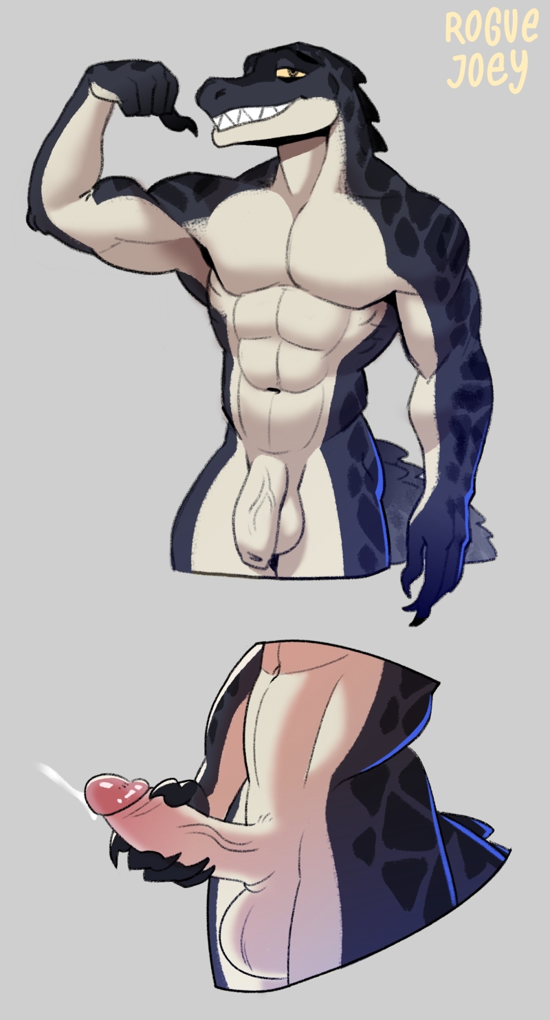 anthro foreskin genitals male penis roguejoey solo crocodile crocodilian reptile scalie hi_res