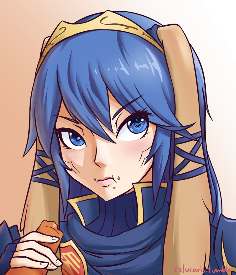 alternate_species annoyed blue_eyes blue_hair crown eating female hair headgear looking_at_viewer solo tiara cslucaris fire_emblem fire_emblem_awakening nintendo lucina animal_humanoid humanoid lagomorph lagomorph_humanoid leporid_humanoid mammal mammal_humanoid rabbit_humanoid taguel bust_portrait portrait