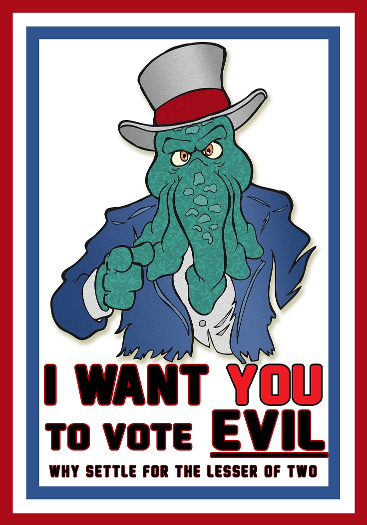 ambiguous_gender anthro blue_clothing blue_shirt blue_topwear border brown_eyes clothing face_tentacles gesture hand_gesture hat headgear headwear looking_at_viewer pointing pointing_at_viewer presidential_candidate red_border shirt simple_background solo tentacles text top_hat topwear white_background white_clothing white_shirt white_topwear brucebadger cthulhu_mythos h._p._lovecraft i_want_you cthulhu uncle_sam cephalopod eldritch_abomination marine mollusk 2016 english_text meme