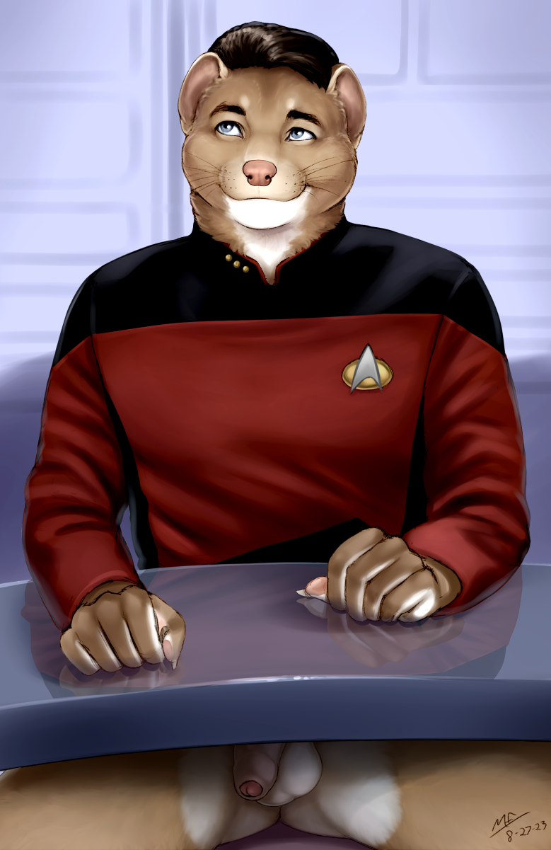 anthro balls bottomless bottomless_male casual_exposure clothed clothing desk flaccid foreskin furniture genitals male partially_clothed penis solo starfleet table uniform whiskers moodyferret star_trek star_trek_the_next_generation commander_stryker mammal mink mustelid musteline true_musteline 2023 hi_res