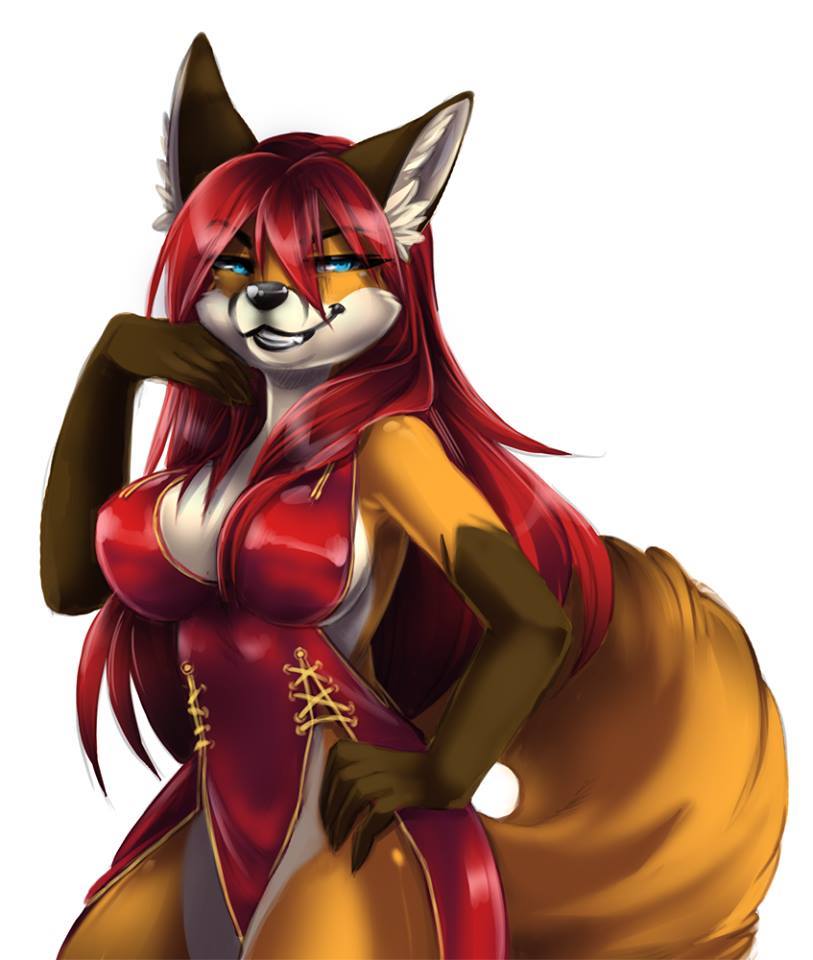 anthro big_breasts blue_eyes breasts brown_body brown_fur clothed clothing dress female fur gloves_(marking) grin hair hand_on_hip looking_at_viewer markings orange_body orange_fur red_hair side_boob simple_background skimpy smile solo standing white_background white_body white_fur pawziclawzi samantha_arrow canid canine fox mammal 2016 half-length_portrait portrait