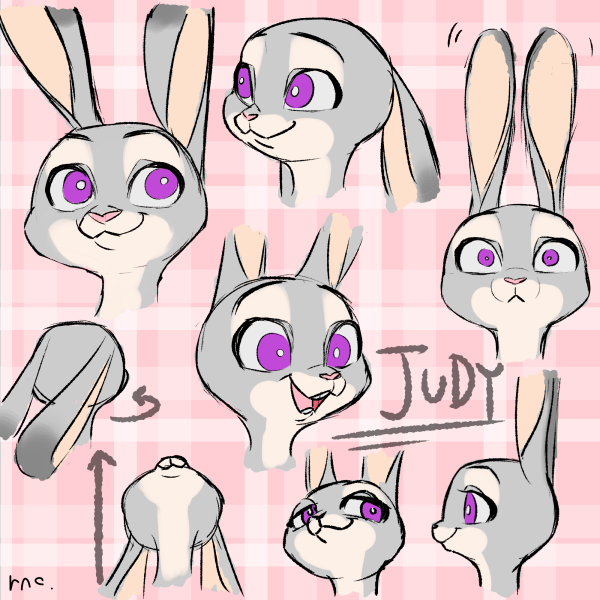 anthro dipstick_ears ear_markings ears_down ears_up fur grey_body grey_fur looking_up multicolored_ears open_mouth open_smile pattern_background pink_background pink_nose pivoted_ears purple_eyes simple_background smile solo 327b_(artist) disney zootopia judy_hopps lagomorph leporid mammal rabbit 1:1