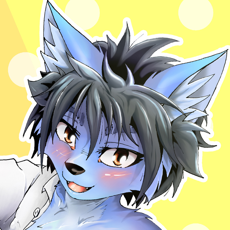 ambiguous_gender anthro black_hair blue_body blue_fur blush clothed clothing fangs fur hair looking_at_viewer open_clothing open_shirt open_topwear shirt smile solo teeth topwear zoruken mammal bust_portrait portrait