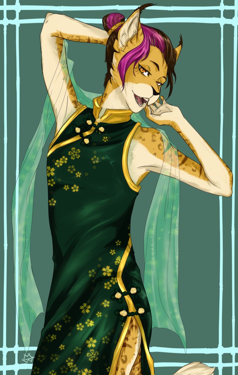 anthro asian asian_clothing chinese chinese_clothing chinese_dress clothed clothing crossdressing dress east_asian_clothing fur hair looking_at_viewer male open_mouth solo standing mishabahl arlen_tawny felid mammal hi_res