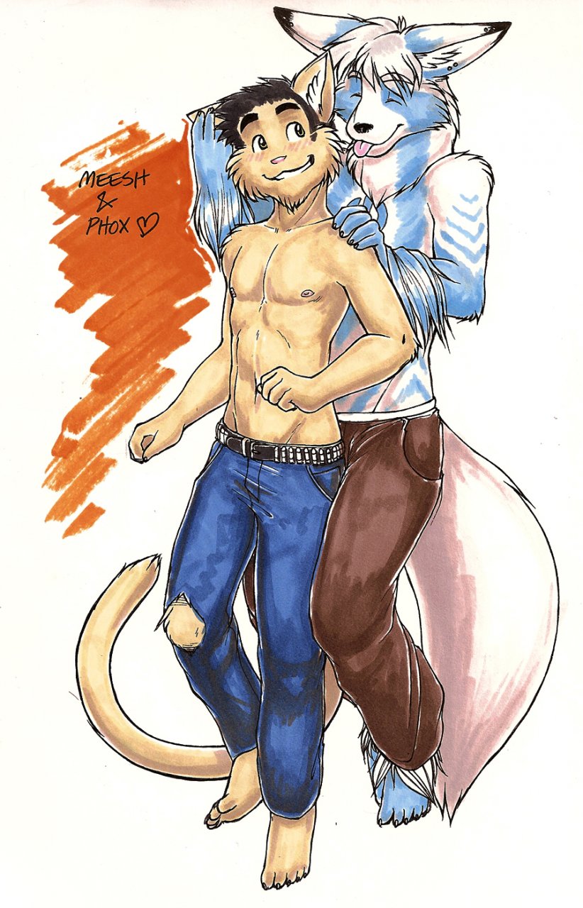 anthro barefoot blue_bottomwear blue_clothing bottomwear brown_bottomwear brown_clothing clothed clothing duo feet male male/male pants romantic romantic_couple simple_background tail topless meesh meesh_(character) domestic_cat felid feline felis mammal 2006 digital_media_(artwork) hi_res marker_(artwork) traditional_media_(artwork)