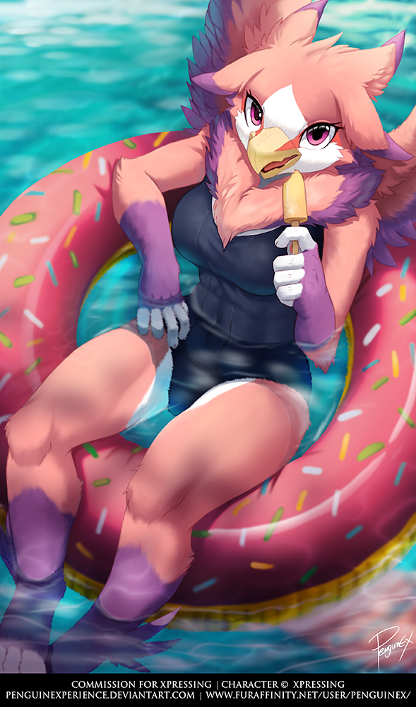 3_toes anthro arm_tuft barefoot beak black_clothing chest_tuft clothed clothing eyelashes feet female food fur gloves_(marking) head_tuft looking_at_viewer markings one-piece_swimsuit partially_submerged paws pink_body pink_eyes pink_fur pool_toy popsicle purple_body purple_fur shoulder_tuft solo swimwear text toes tuft water yellow_beak penguinexperience froxtz avian english_text signature url