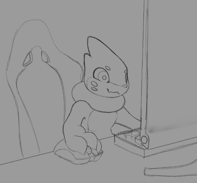 anthro chair computer computer_keyboard computer_mouse electronics furniture male monitor simple_background sitting solo knowdwagon nintendo pokemon buizel generation_4_pokemon pokemon_(species) monochrome