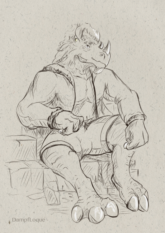 anthro bottomwear clothing drawing ear_piercing ear_ring horn jacket male muscular pants piercing ring_piercing sitting solo topwear loque mammal rhinoceros digital_media_(artwork)