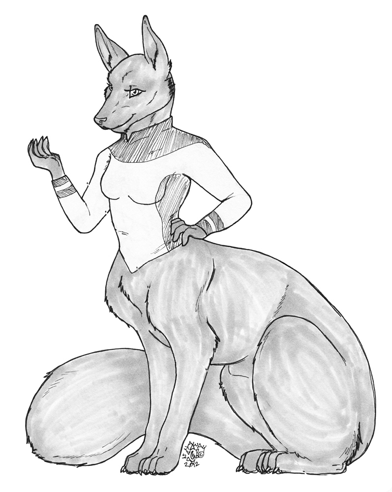 animal_genitalia bottomless breasts clothed clothing fully_sheathed fur genitals gynomorph intersex sheath solo ishaway chakona_space ceres_(star_phoenix) canid canid_taur canine canine_taur fox fox_taur mammal mammal_taur taur 2012 greyscale monochrome herm_(lore)