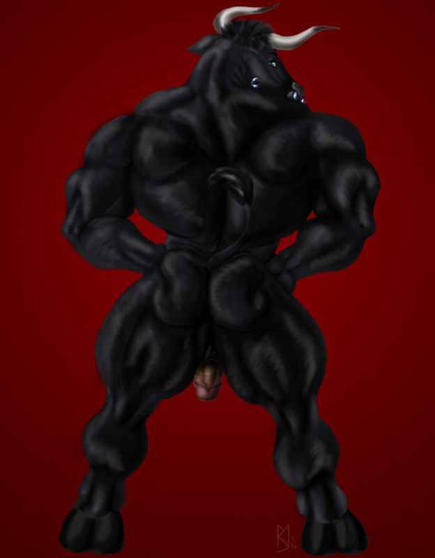 anthro back_muscles backsack balls biceps black_body black_fur blue_eyes butt ear_piercing facial_piercing foreskin fur genitals half-erect hands_on_hips hooves horn humanoid_genitalia humanoid_penis looking_at_viewer looking_back male muscular muscular_anthro muscular_legs muscular_male muscular_thighs nose_piercing nose_ring nude penis piercing pose raised_tail rear_view red_background ring_piercing septum_piercing simple_background solo tail unguligrade sudonym bovid bovine cattle mammal 2006 colored