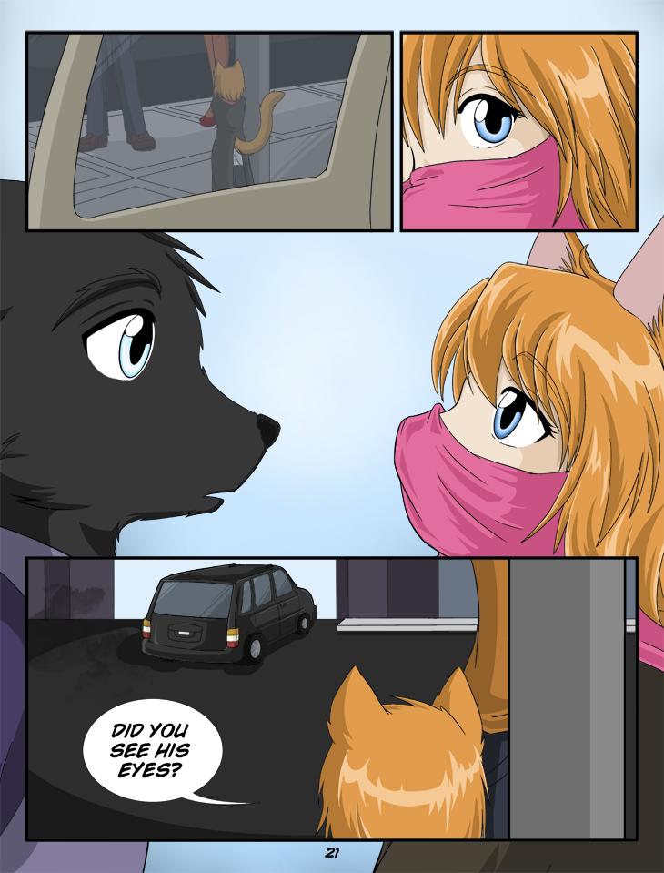 anthro black_body black_fur blonde_hair blue_eyes car clothed clothing eye_contact female fur hair inside_car inside_vehicle looking_at_another male text vehicle white_eyes kurapika raven_wolf lumia_(raven_wolf) yula_(raven_wolf) canid canine canis domestic_cat felid feline felis mammal wolf comic english_text